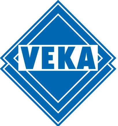 Logo blu VEKA all’interno di un emblema a forma di diamante con scritta bianca