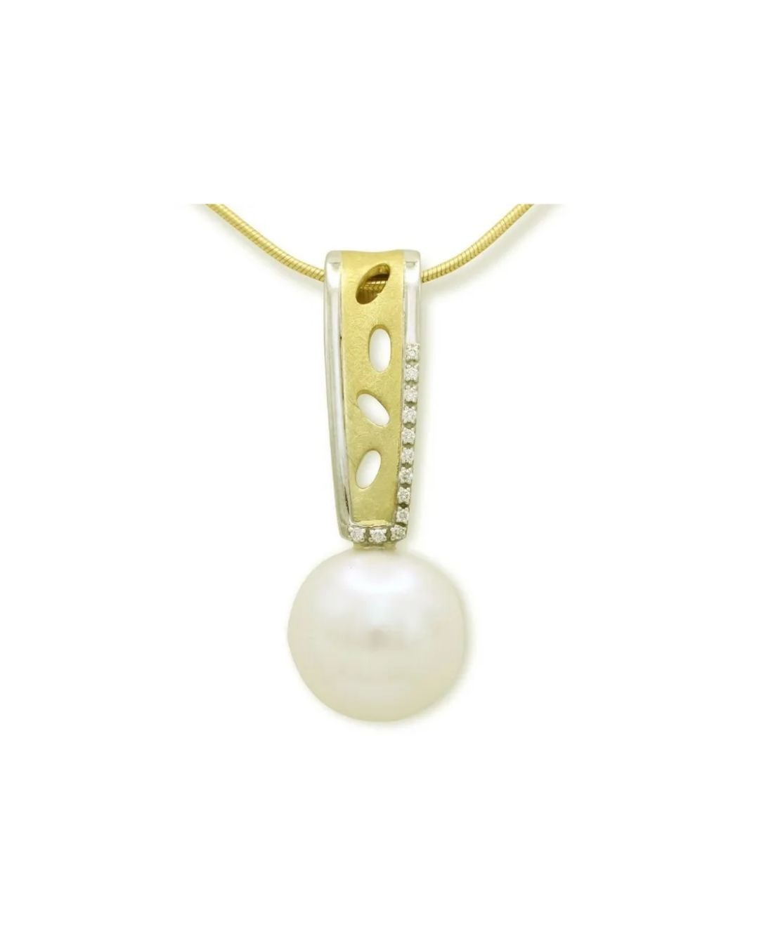 A white pearl pendant on a gold chain, featuring a textured gold and silver bail decorated with a line of small diamonds.