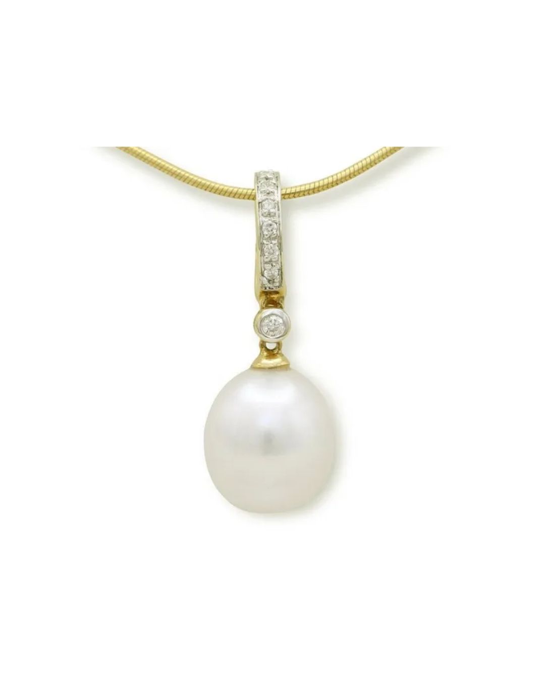 A gold necklace featuring a teardrop-shaped pearl pendant suspended from a diamond-accented bail.