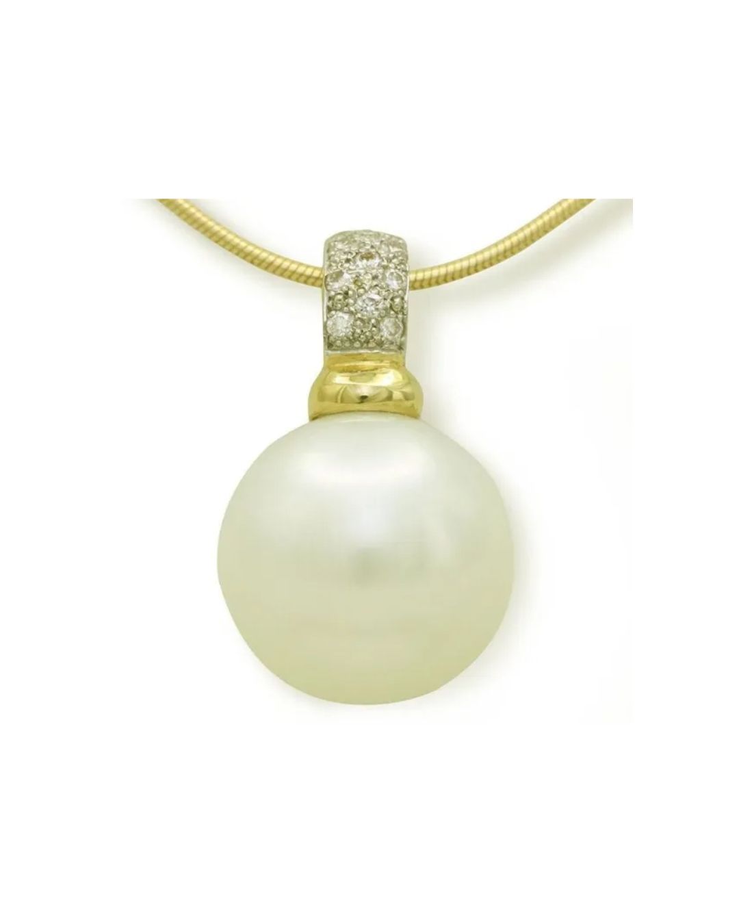 A large white pearl pendant hanging from a gold chain, featuring a diamond-encrusted gold bail.