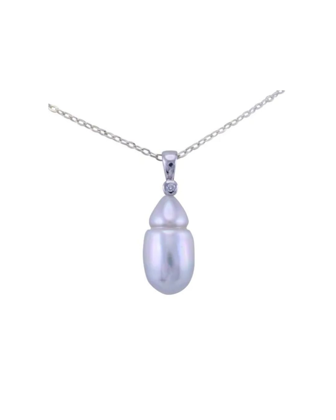 A white, pear-shaped pearl pendant with a small diamond accent hanging from a thin, silver-toned chain.