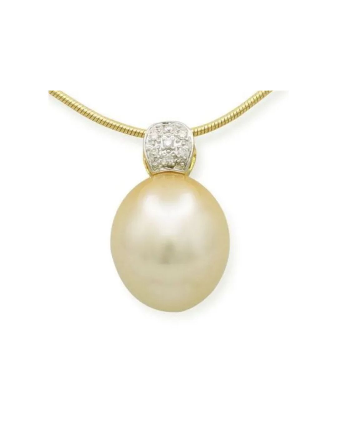 A golden South Sea pearl pendant set with small diamonds in a white gold bail on a gold snake chain.
