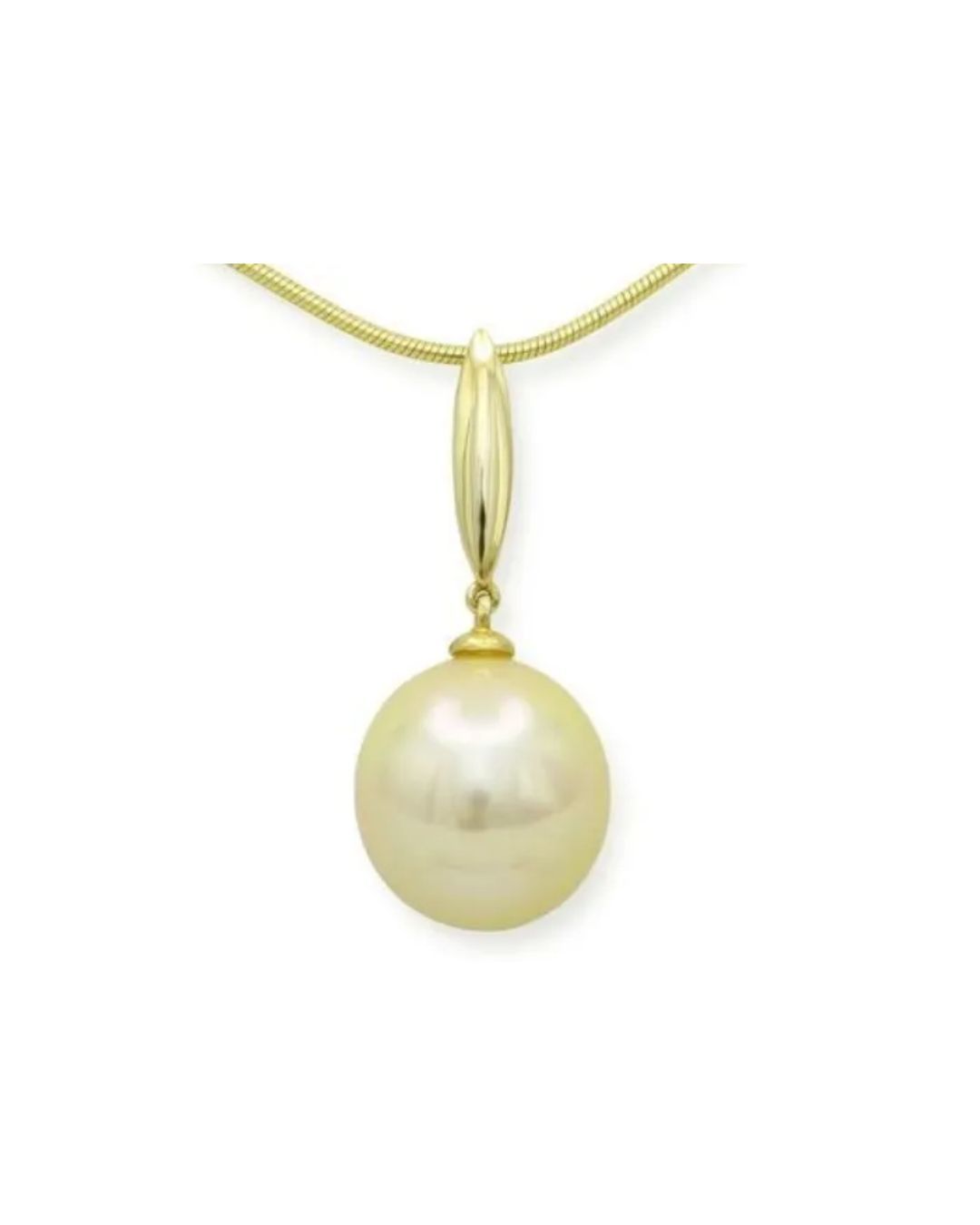 A golden pearl pendant hangs from a thin, matching gold chain against a white background.