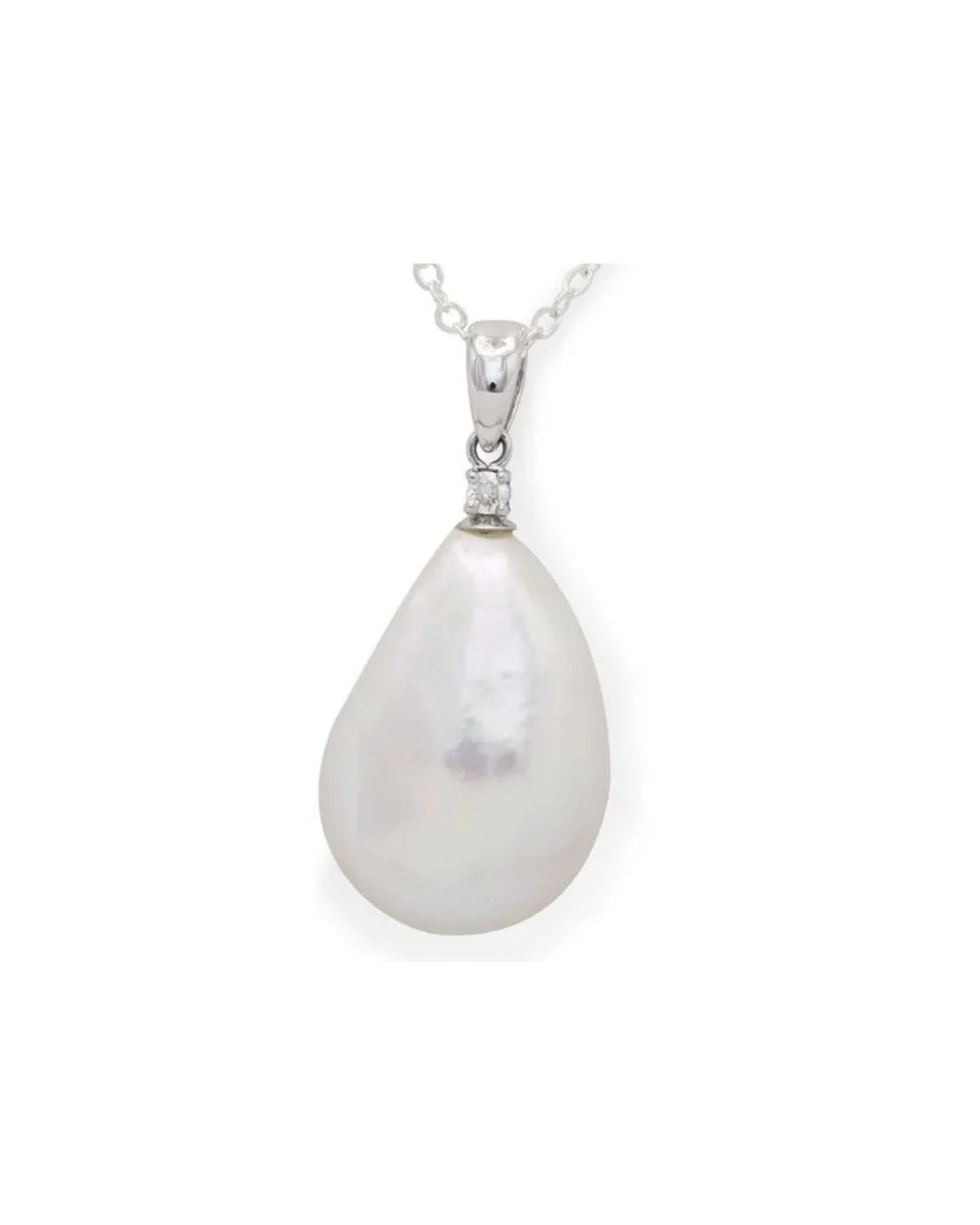 A white baroque pearl pendant hangs from a thin silver chain, accented by a small diamond at the top setting.
