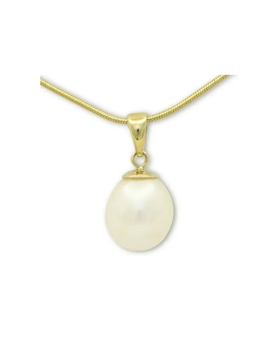 A single white pearl pendant hanging from a gold chain against a white background.