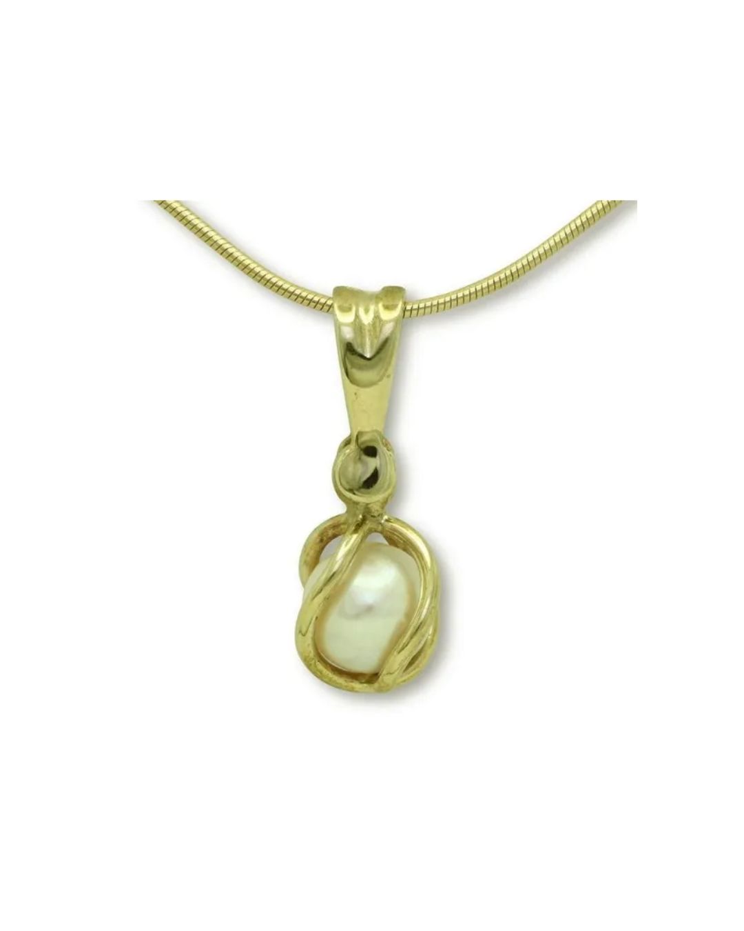 A gold pendant featuring a small, white pearl encased in a swirling gold frame, hanging from a gold chain.