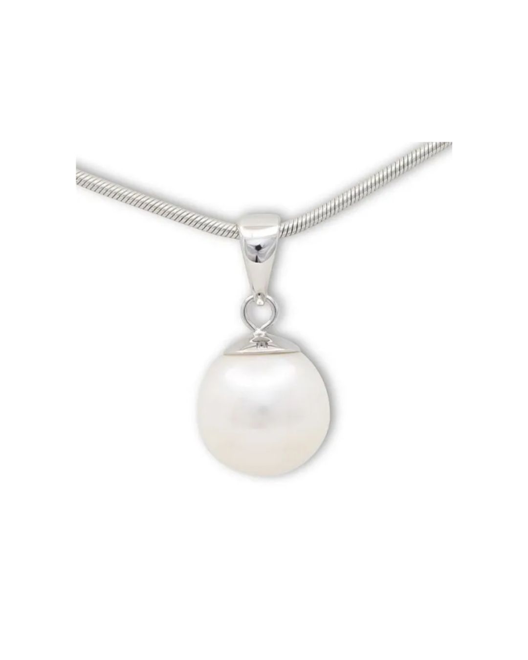 A white pearl pendant on a silver-toned snake chain.