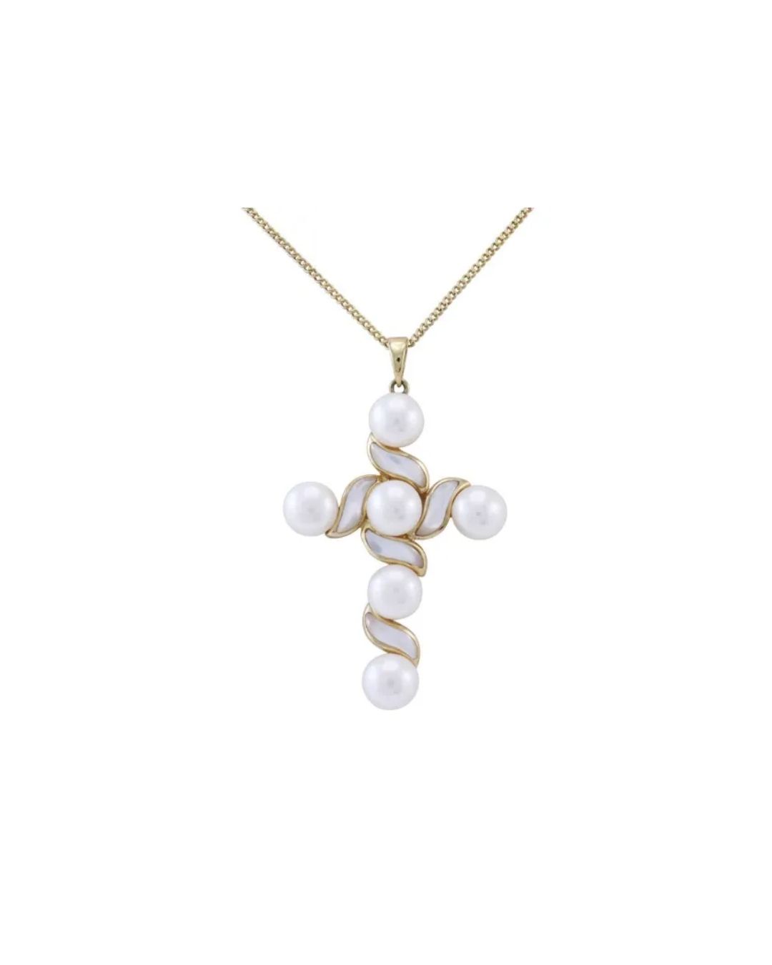 A gold cross pendant necklace featuring five white pearls and curved, iridescent mother-of-pearl accents.