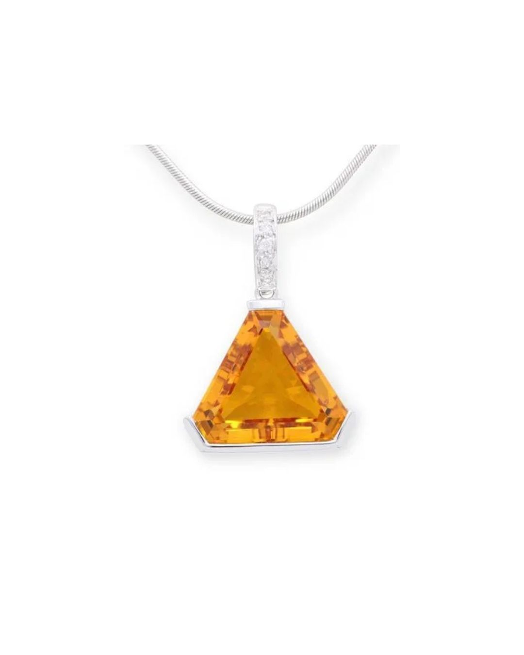 A triangular-cut, orange-yellow gemstone pendant set in silver, featuring a diamond-accented bail on a silver chain.