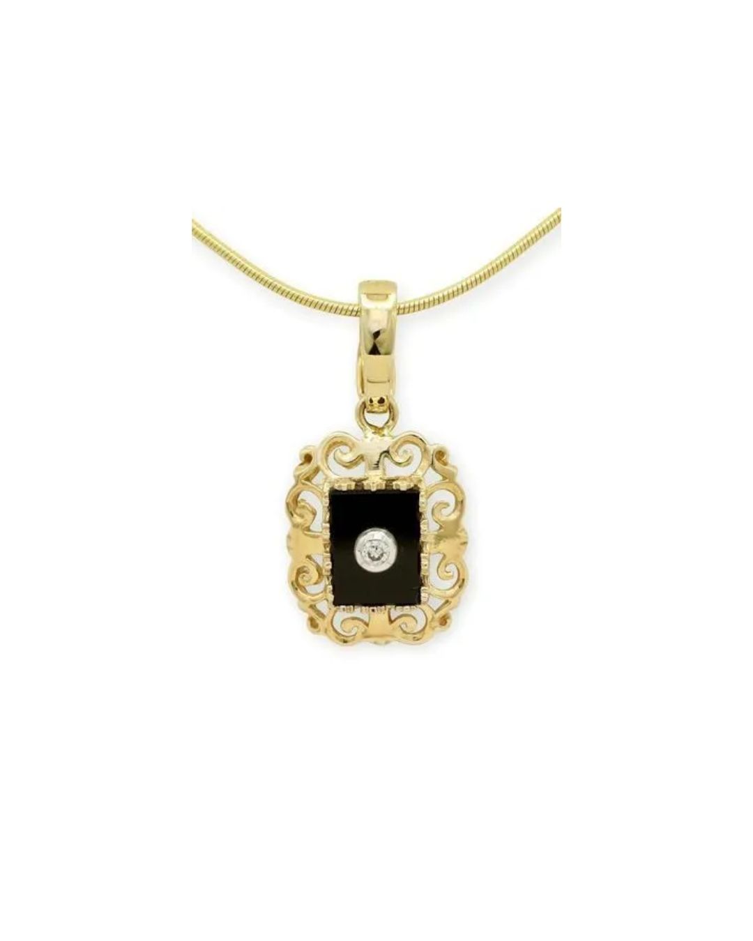 A gold filigree pendant necklace featuring a rectangular black stone set with a small, central diamond.