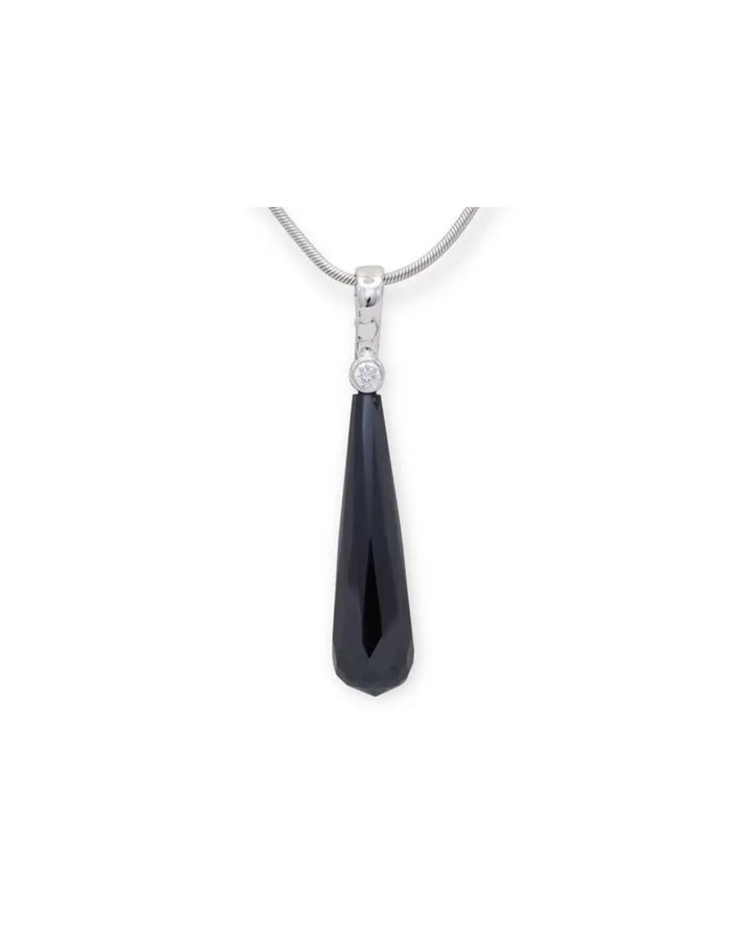 A silver pendant necklace featuring a black onyx gemstone in a tapered, faceted shape, accented by a small round diamond.