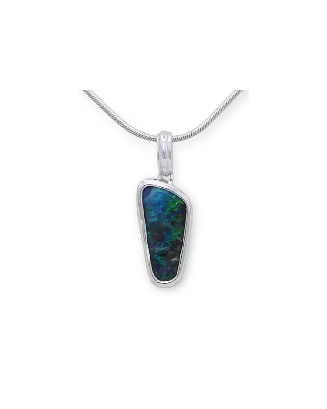 A bezel-set, irregular dark opal pendant on a silver snake chain necklace.