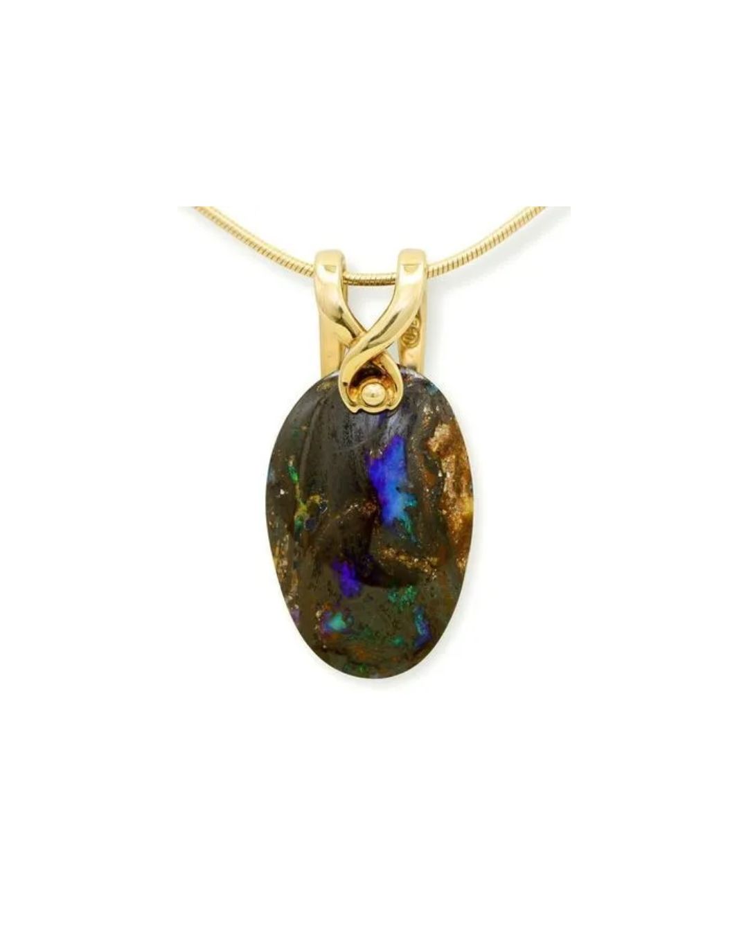 An oval black opal pendant with iridescent blue and green flecks, set in gold with a twisted bale on a gold chain.