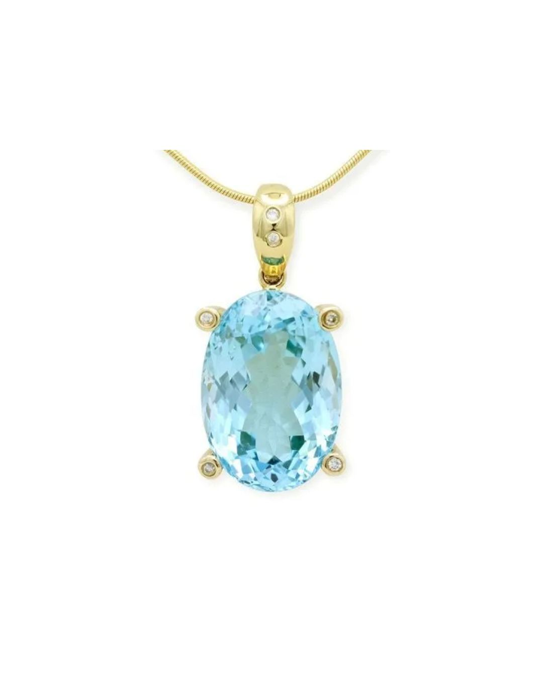 A gold pendant featuring a large oval blue topaz stone accented with small diamonds on a chain.
