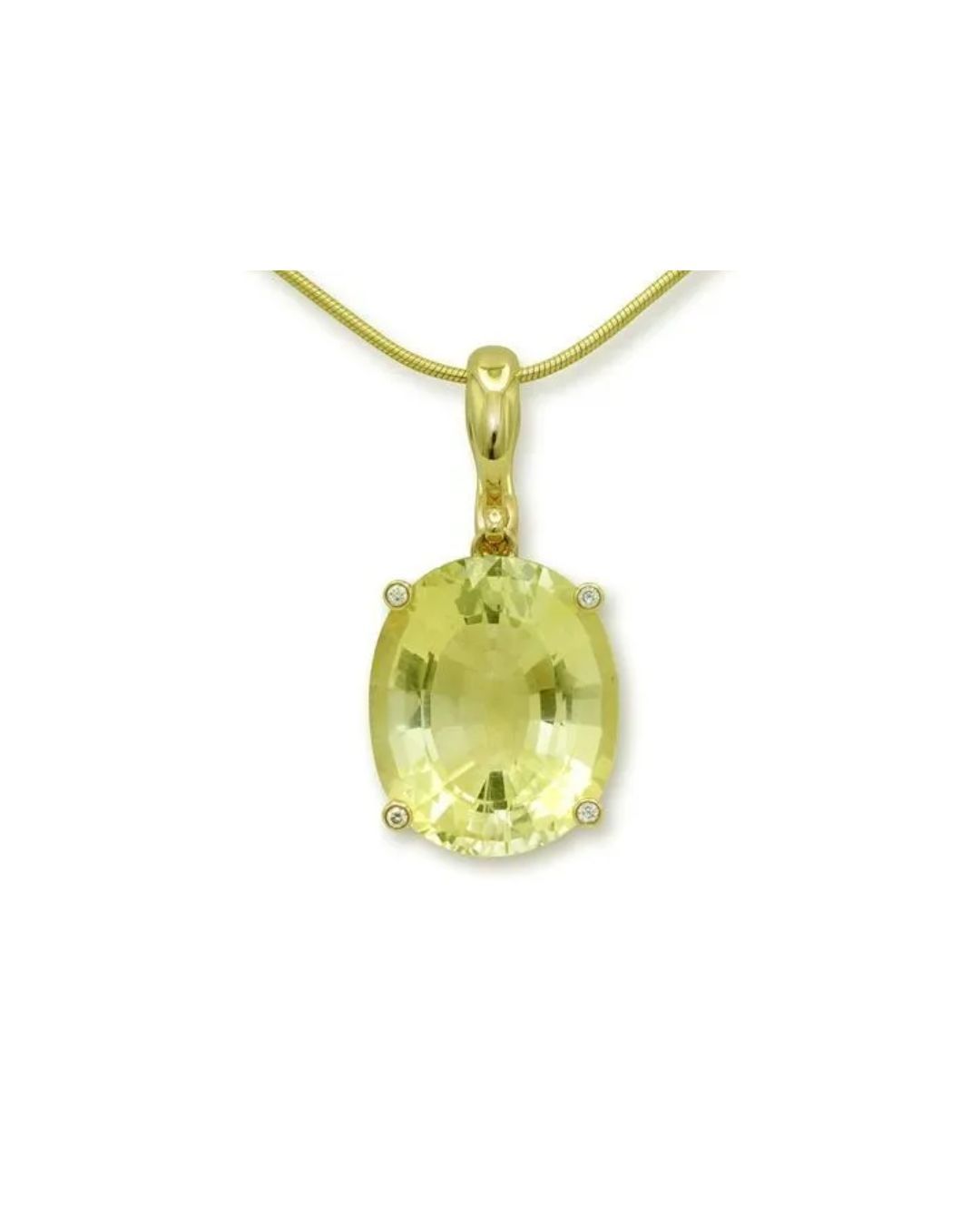 A yellow oval gemstone pendant with four small prongs, suspended from a gold chain on a white background.