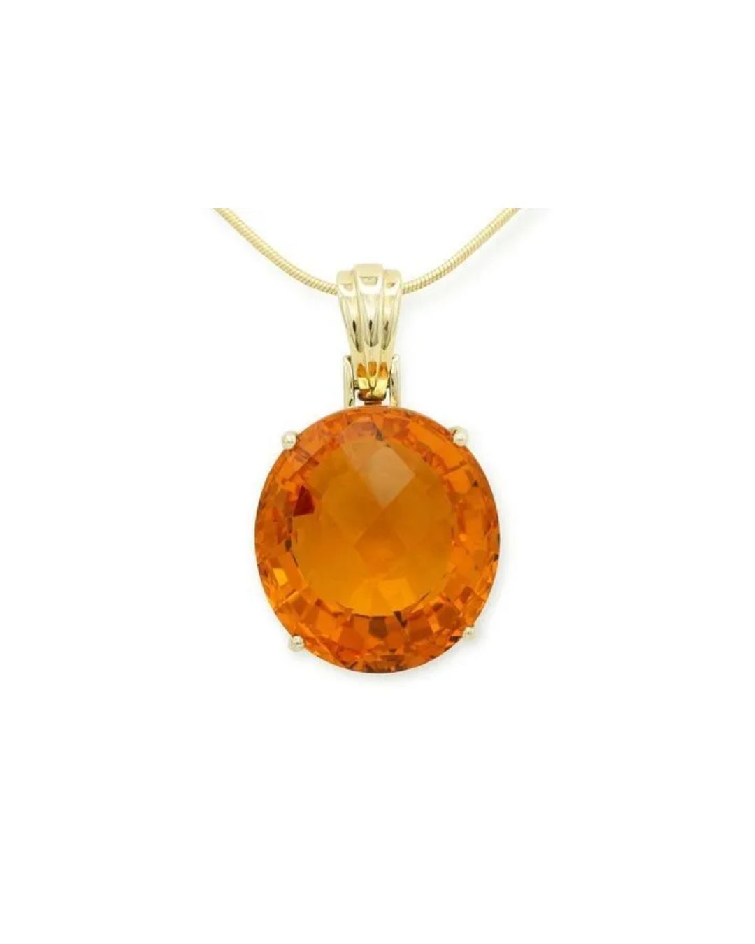 A large, round, faceted orange gemstone set in a simple gold prong setting and hanging from a gold chain.