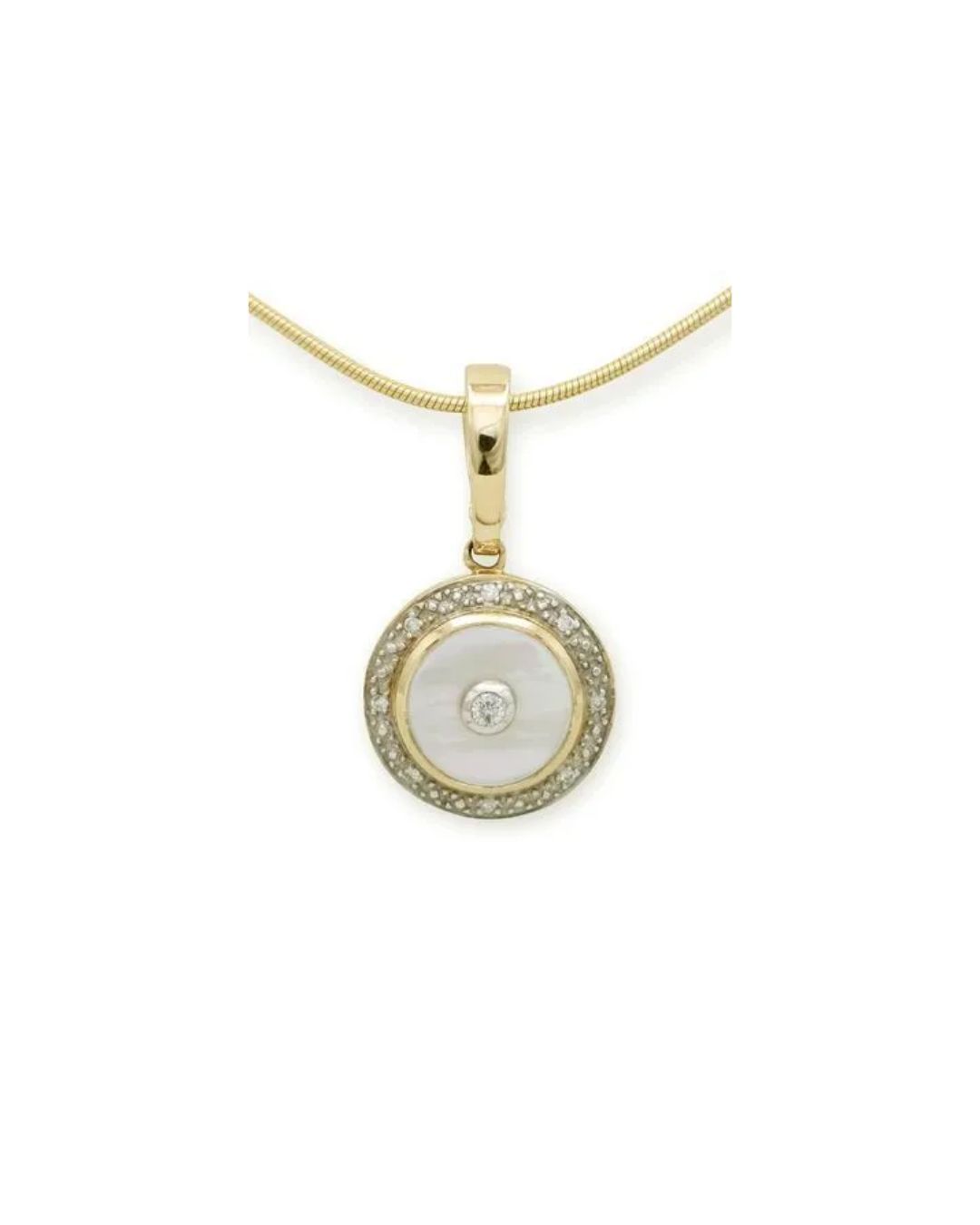 A gold pendant featuring a central diamond set on a circular piece of mother-of-pearl, bordered by a ring of small diamonds.