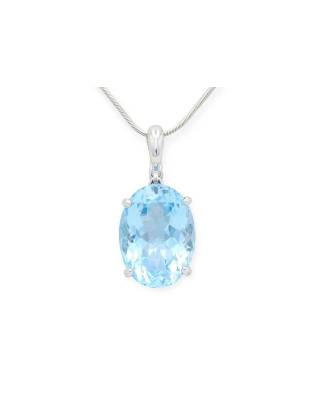 An oval, light blue faceted gemstone pendant set in silver on a thin silver chain.
