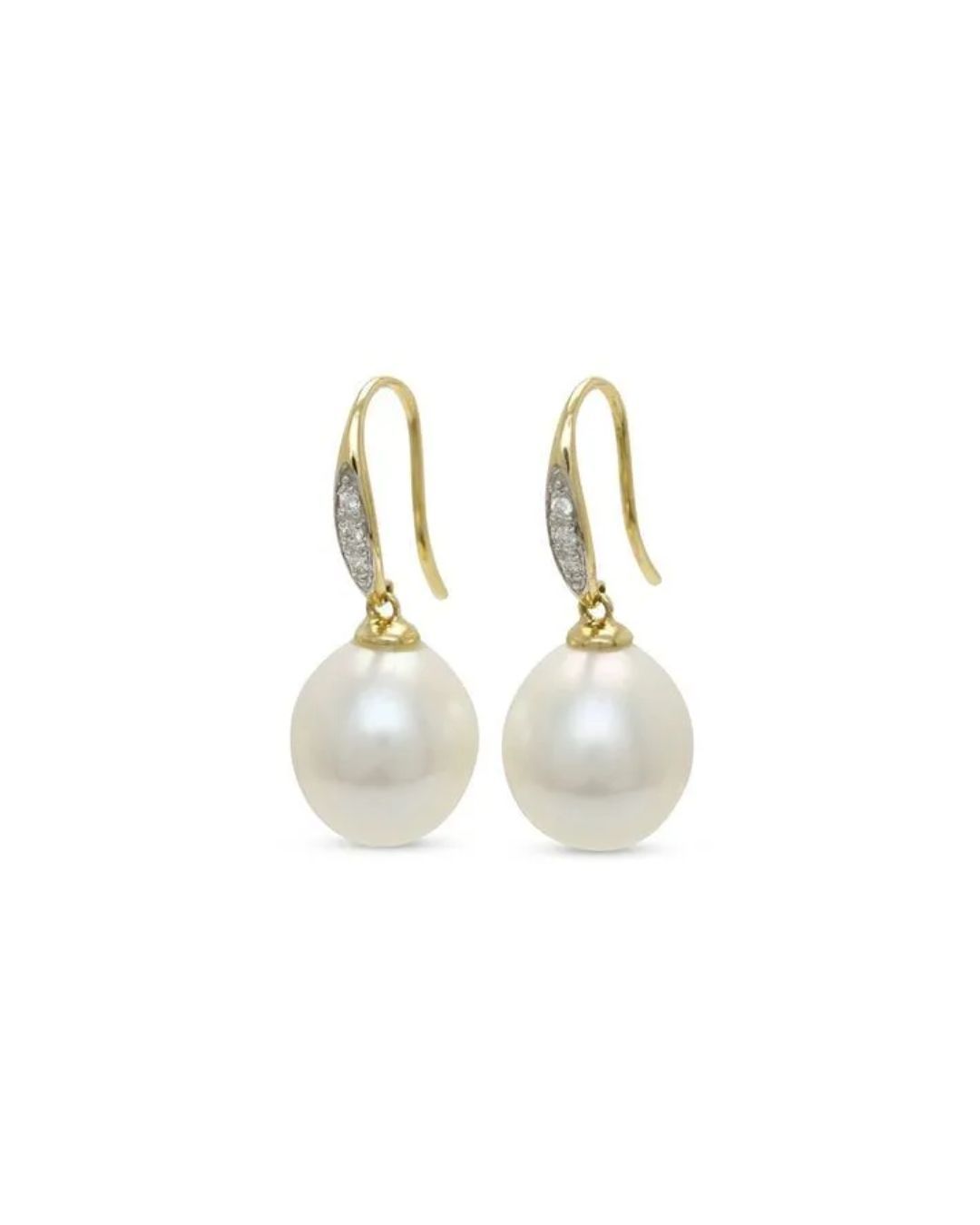A pair of gold drop earrings, each featuring a white pearl suspended from a diamond-accented curved hook.