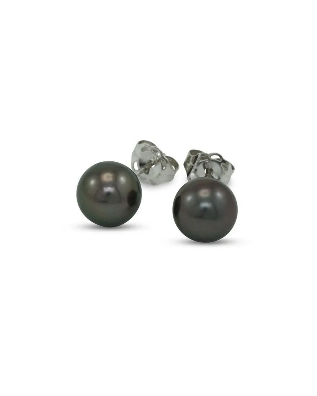 A pair of round, dark-colored pearl stud earrings with silver-toned metal backings, set against a white background.