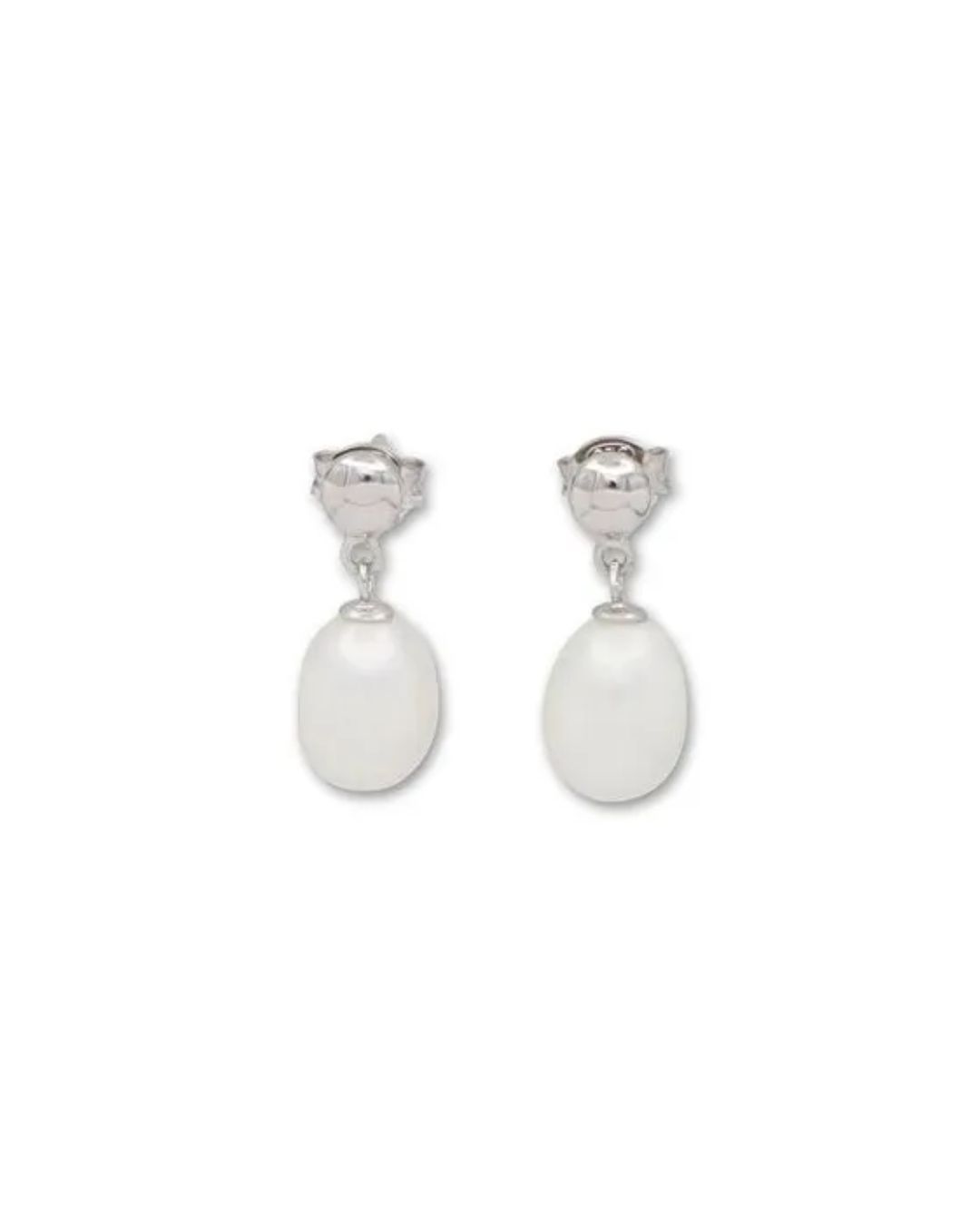 A pair of silver drop earrings featuring white oval pearls hanging from polished silver studs.