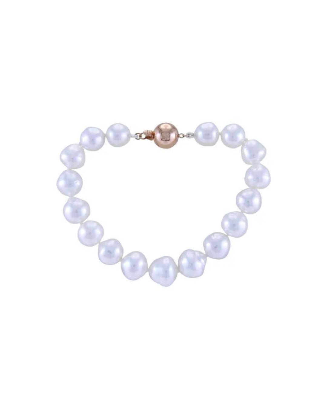A white baroque pearl bracelet with an ornate, metallic rose-gold clasp, arranged in a circular shape against white.