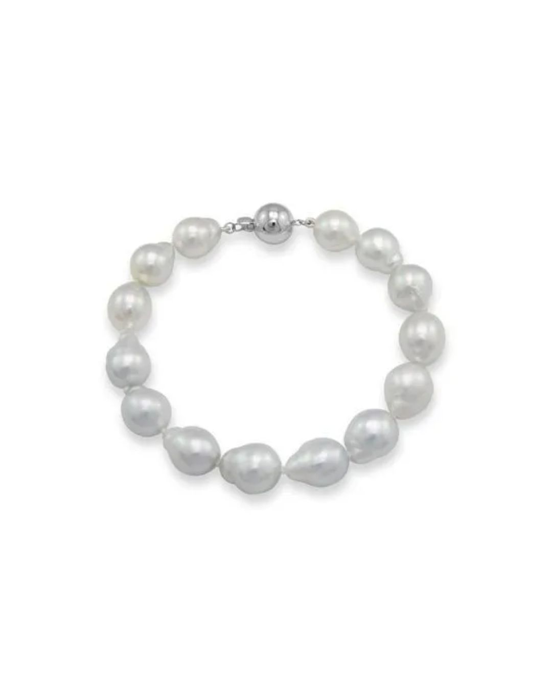 A bracelet made of large, white, organic-shaped baroque pearls with a silver ball clasp, displayed on a white background.
