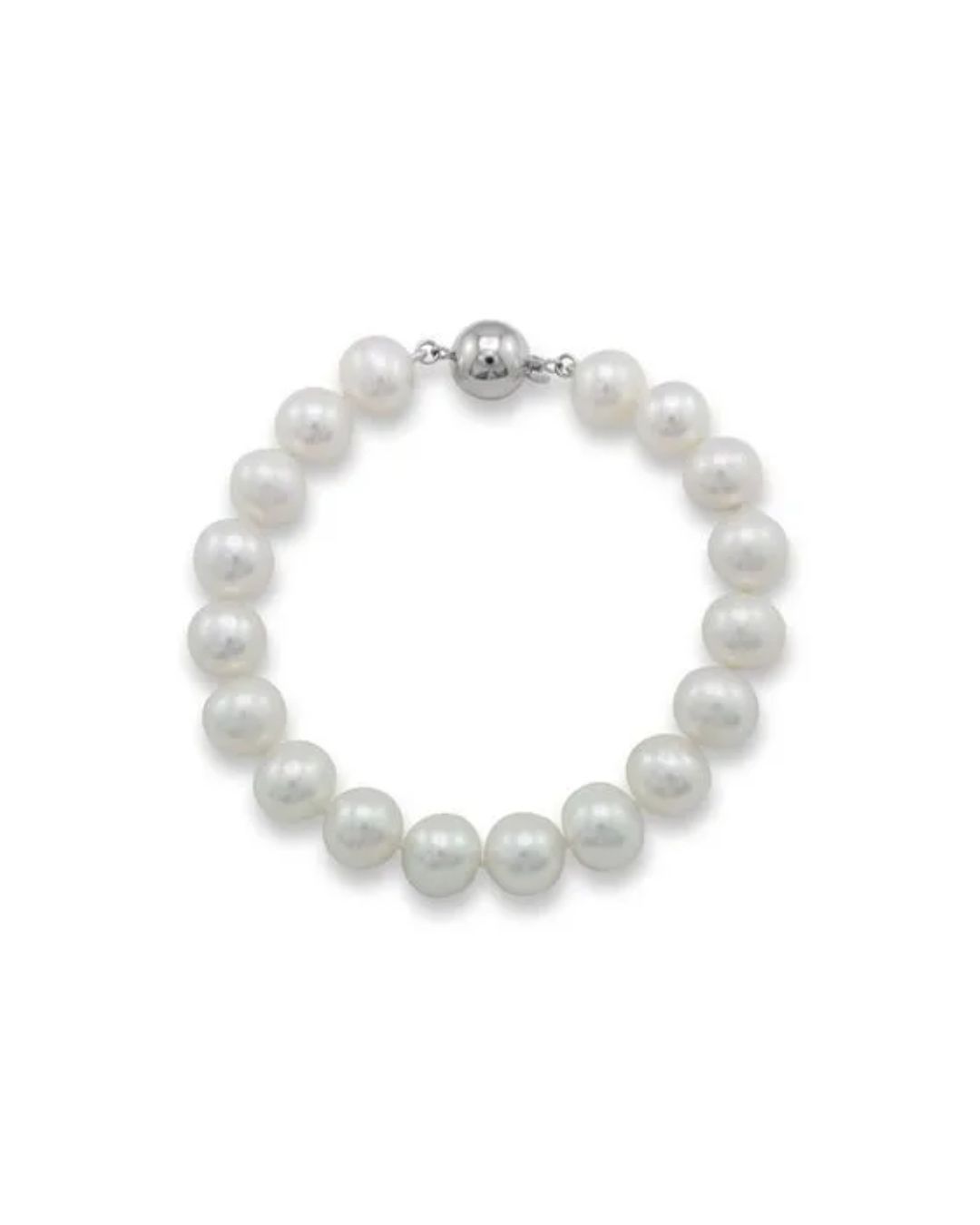 A white pearl bracelet with a round silver clasp, arranged in a circle against a white background.