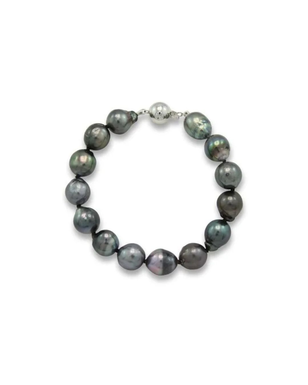 A string of dark, iridescent gray pearl beads arranged in a circle, fastened with a silver spherical clasp.