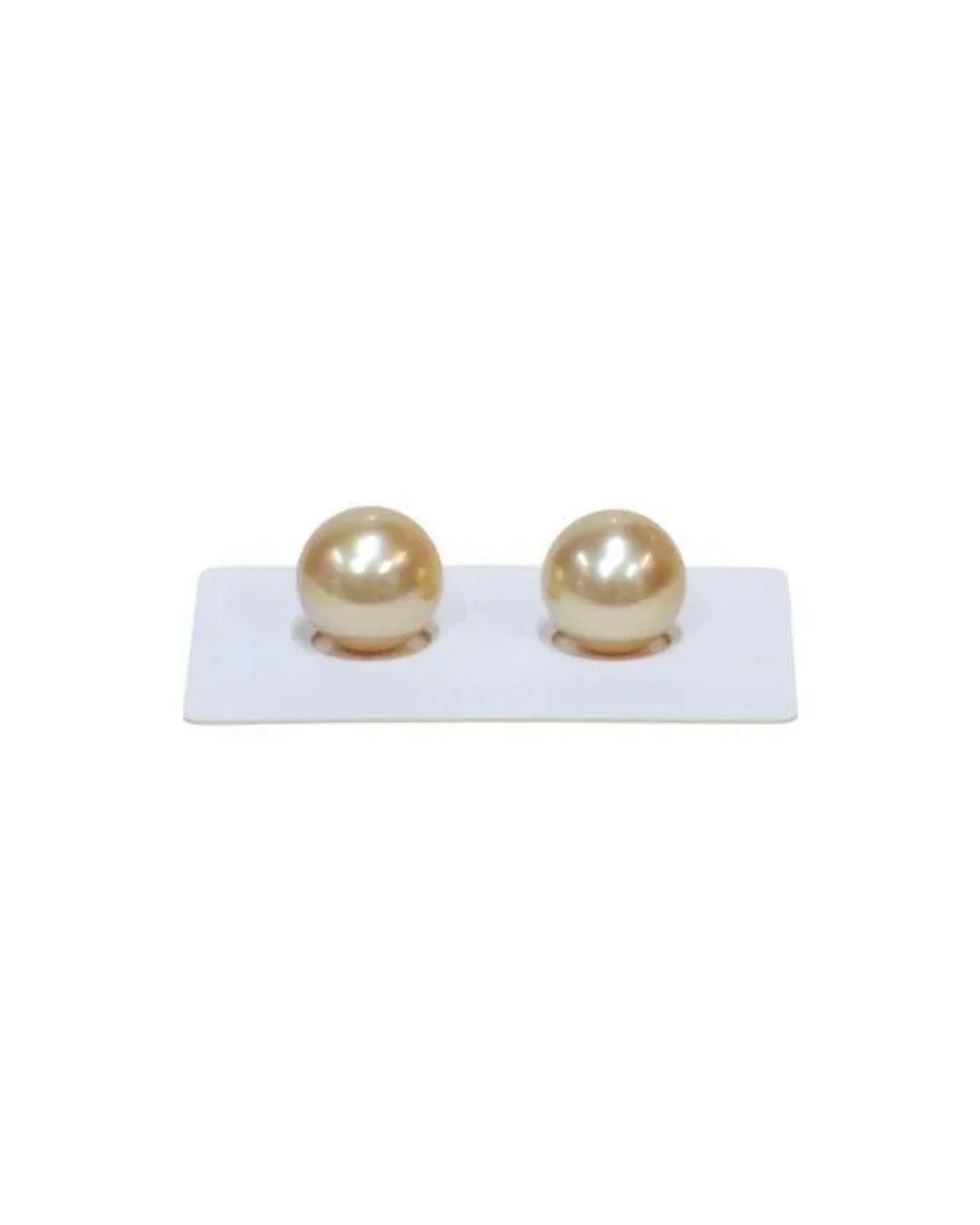 Two luminous, round golden South Sea pearls resting on a small white display card.