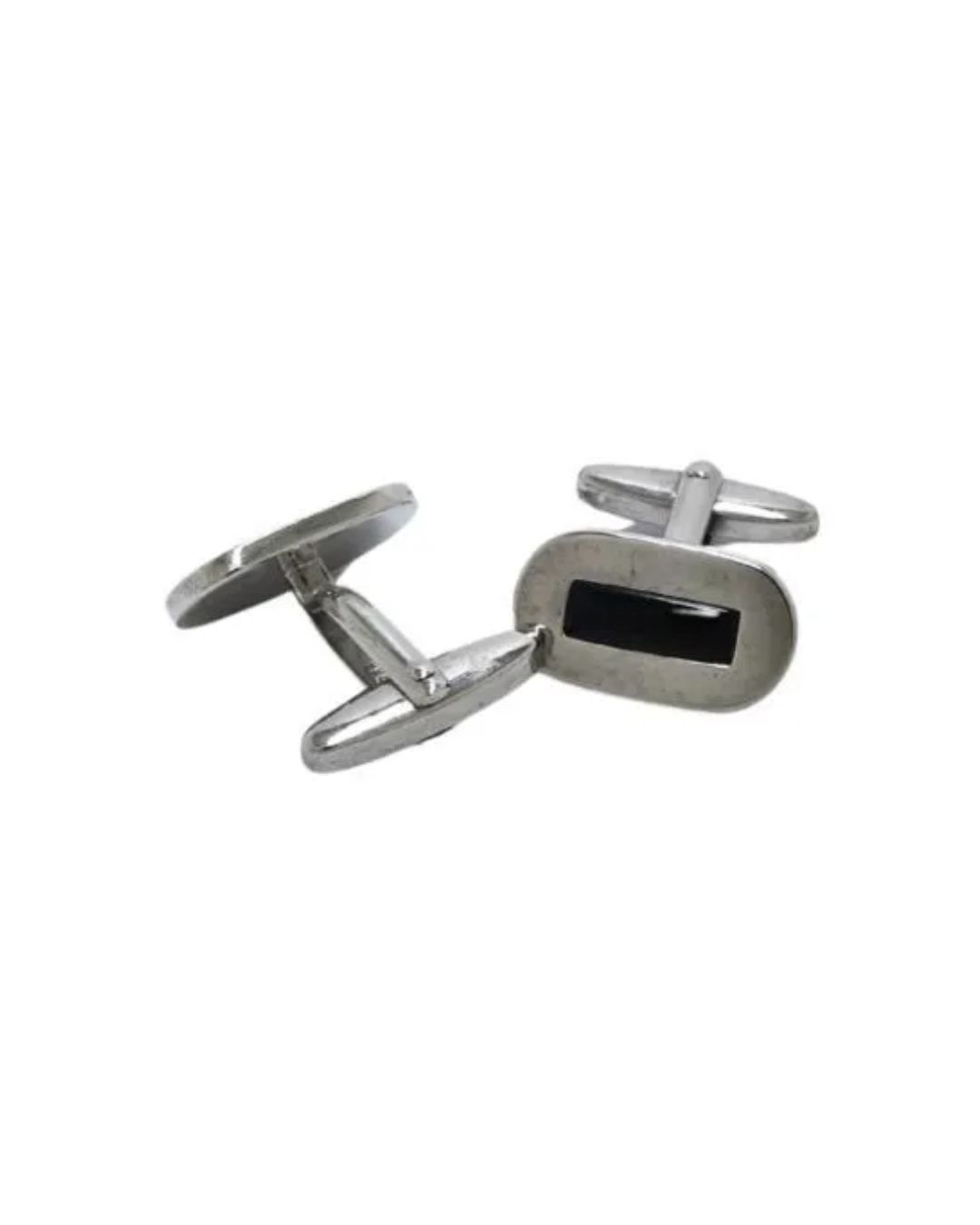 A pair of silver cufflinks featuring a polished oval face with a rectangular black inlay.