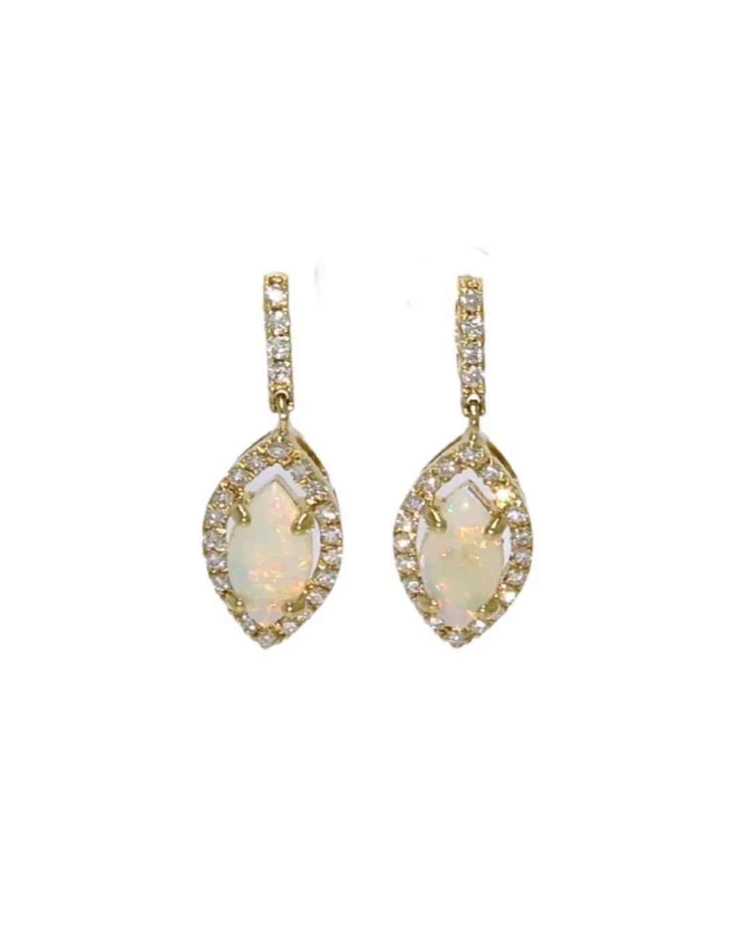 A pair of gold drop earrings, each featuring a marquise-shaped opal stone framed by a halo of small pavé diamonds.