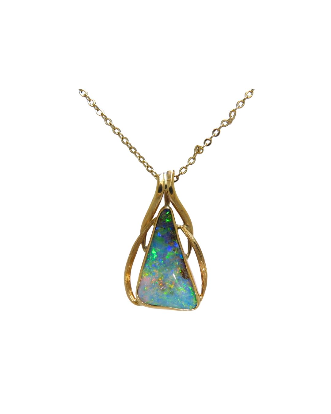 Gold pendant necklace featuring a triangular opal with vibrant blue and green flashes, set in a flowing metal frame.