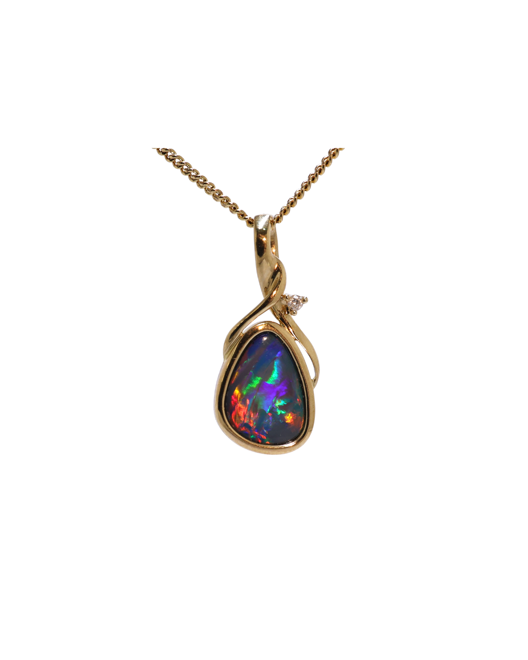 Gold teardrop pendant featuring a dark blue opal and a small clear stone on a gold chain.