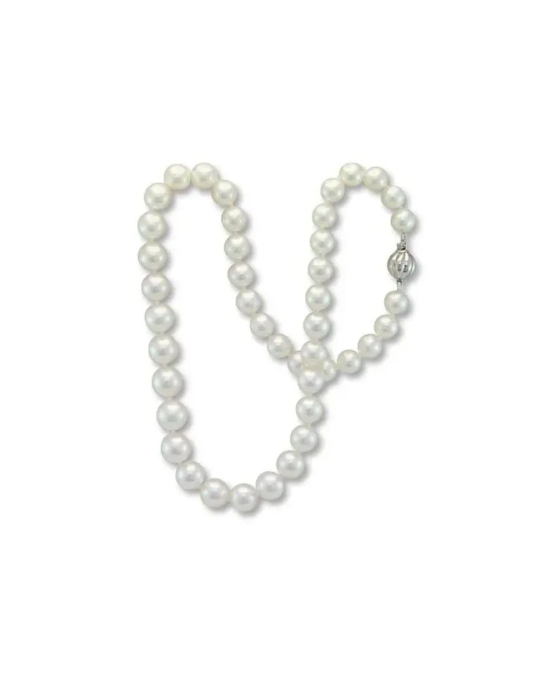 A white pearl necklace with a metallic clasp, arranged in a looped Y-shape against a plain white background.