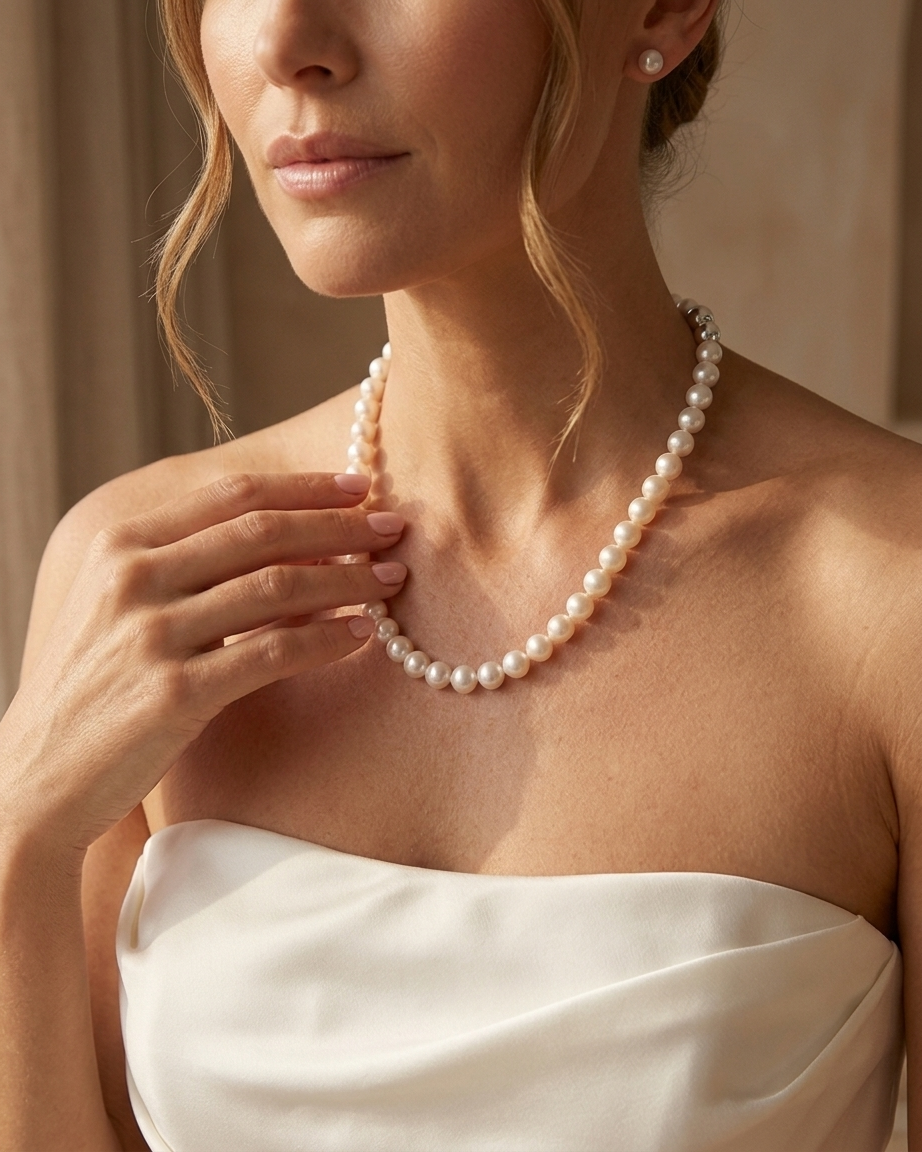 Bride wearing classic pearl strand necklace for wedding
