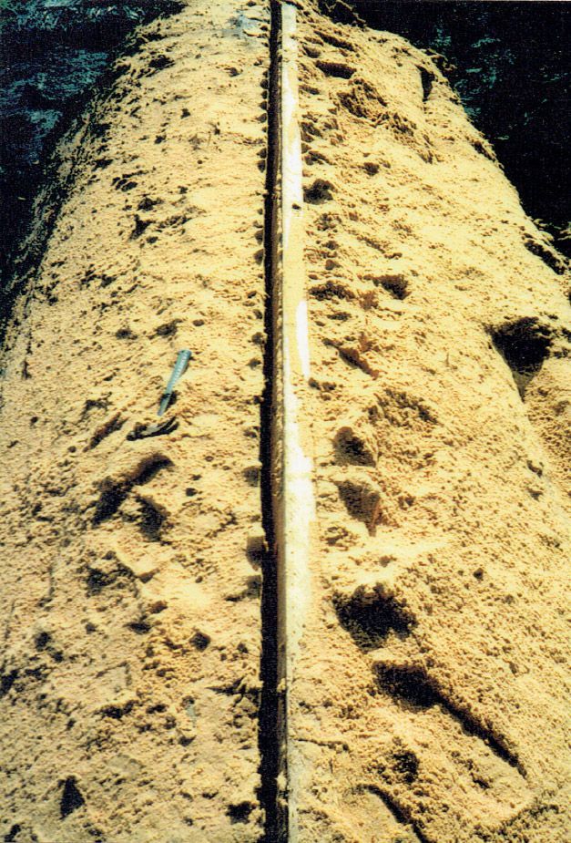 A large pile of sand is being measured with a ruler