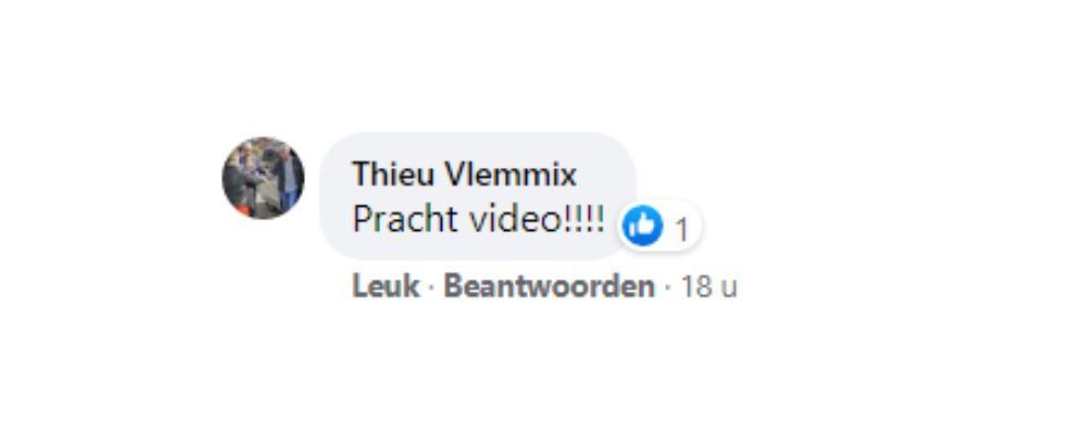 Reactie van Thieu Vlemmix op sociale media: “Prakt video!!!” met een blauwe duim omhoog-reactie