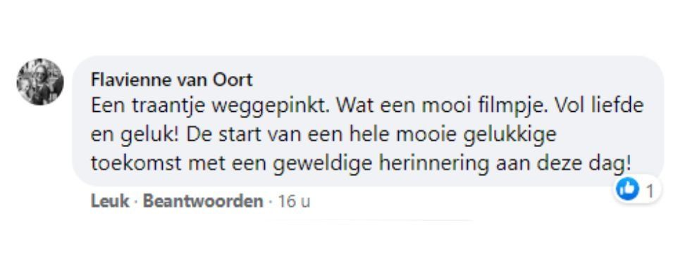 Screenshot van een Facebook-reactie waarin een prachtig portret wordt geprezen en iemand een gelukkige toekomst vol mooie herinneringen wordt toegewenst.