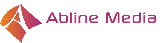Het logo van Ablime Media met een abstract roze en oranje stericoon en magenta tekst op een witte achtergrond.