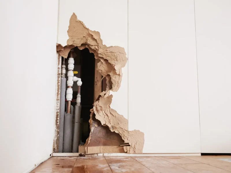 A hole in a wall with pipes coming out of it.