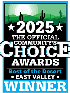 2025 Official Community Choice Awards winner badge, Best of the Desert East Valley, black and blue with cactus background