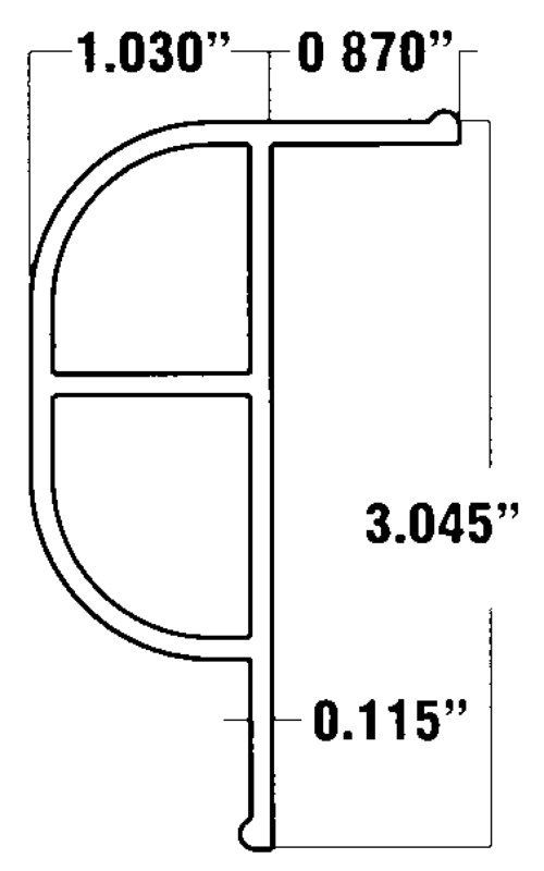 Technical dimension diagram of a metal profile cross-section with measurements in inches.