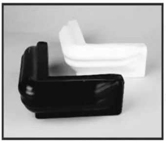 Black and white L-shaped corner braces or clamps on a gray background