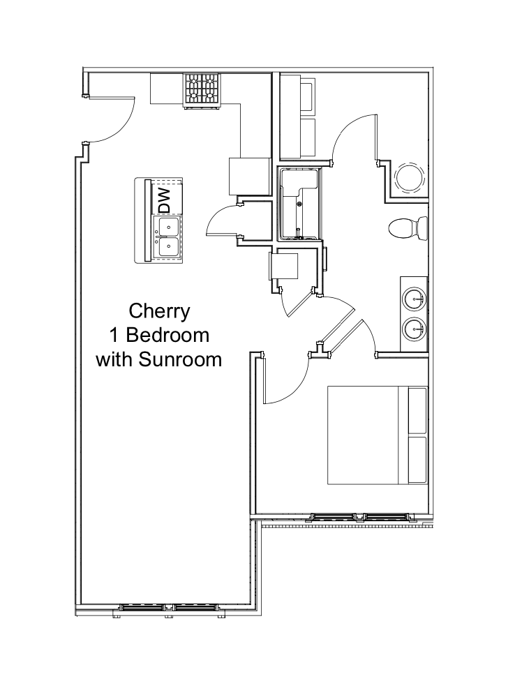 Floor plan labeled “Cherry 1 Bedroom with Sunroom,” showing kitchen, bath, bedroom, and living area.