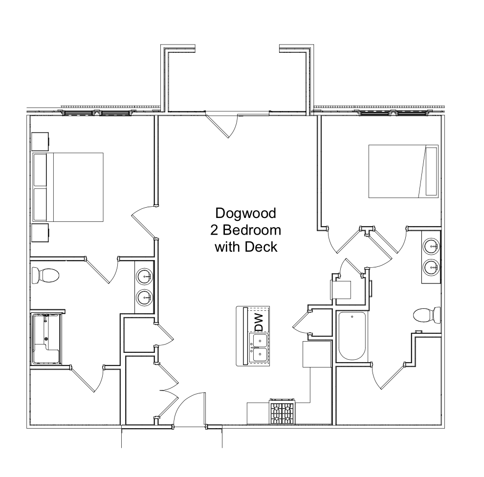 Floor plan of a 2-bedroom Dogwood apartment with central deck and labeled rooms