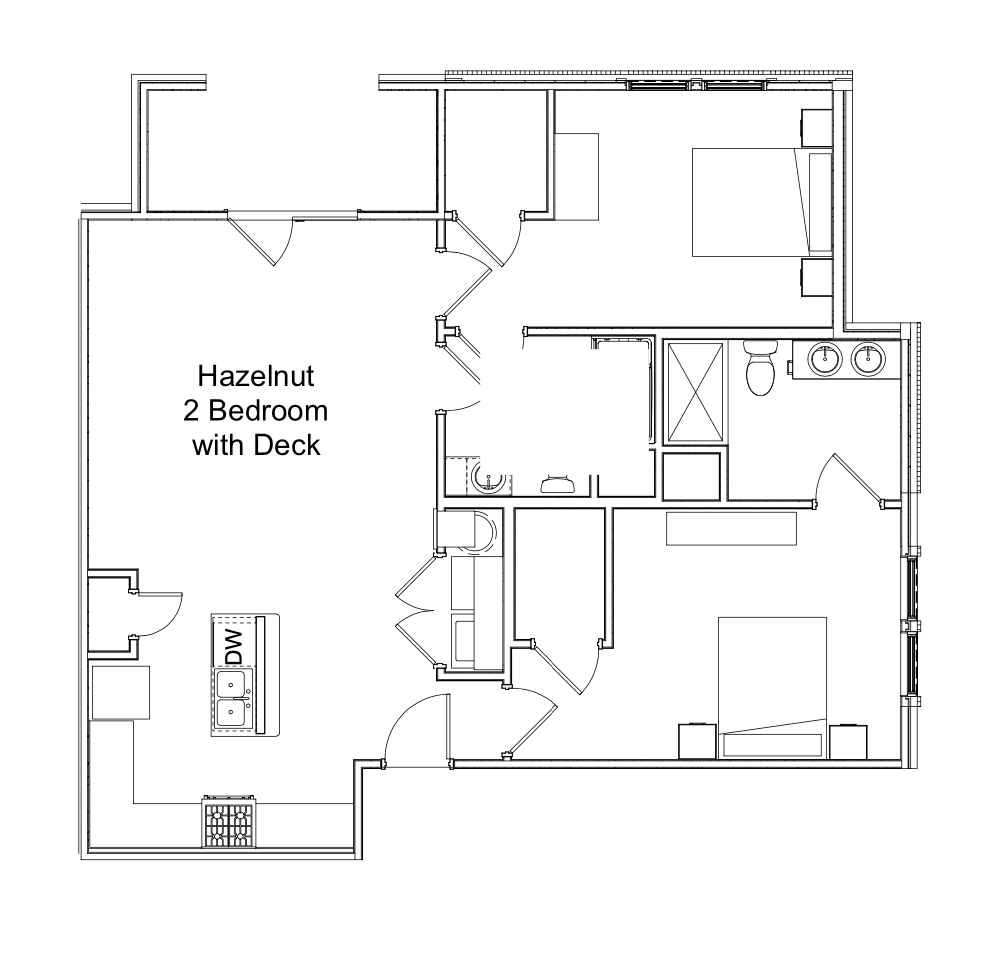 Floor plan of a hazelnut 2-bedroom apartment with deck, showing rooms, bath, kitchen, and living areas.