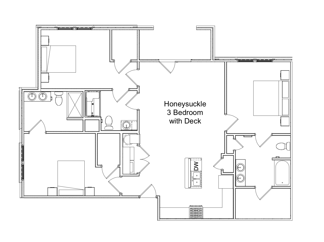 Black-and-white floor plan of a 2-bedroom, 1-bath apartment with labeled rooms and dimensions