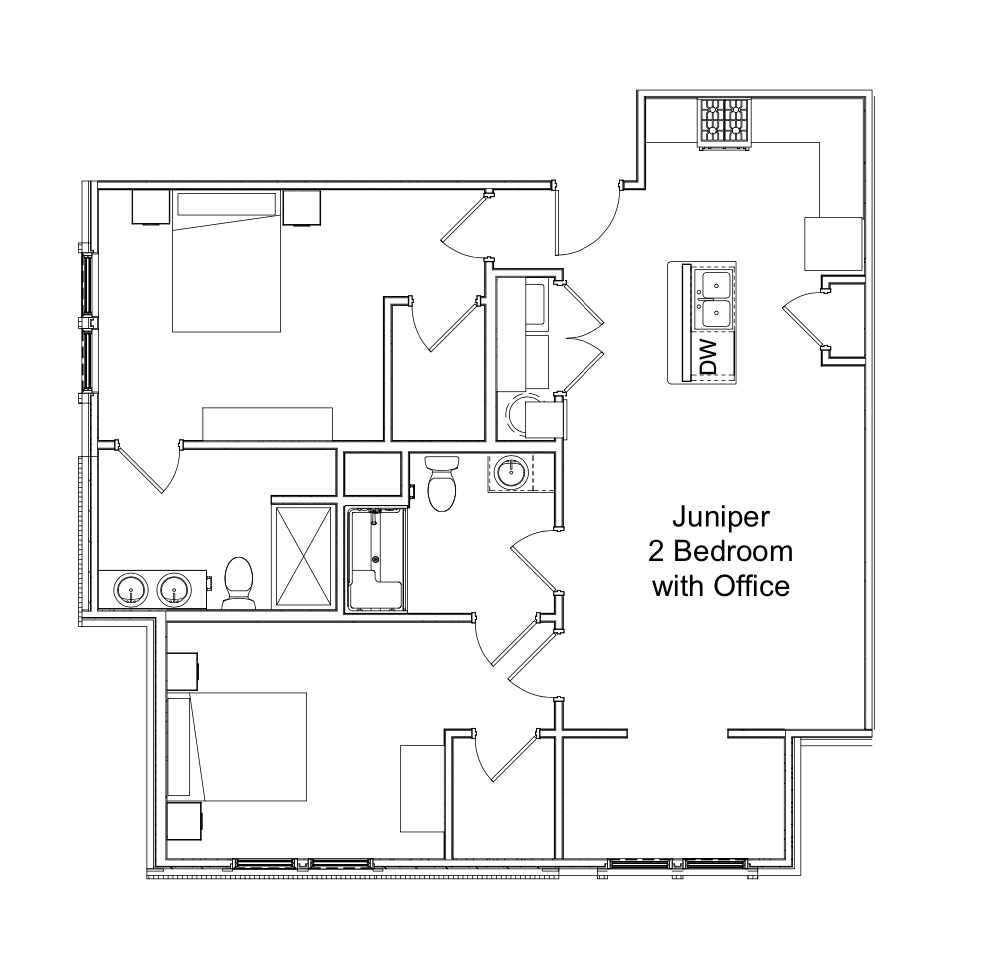 Floor plan of a junior 2-bedroom apartment with office, showing rooms and kitchen layout