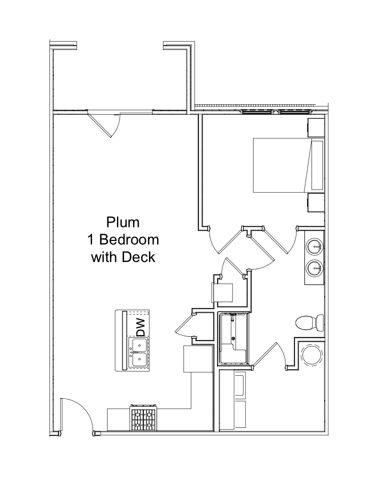 Floor plan of a one-bedroom apartment with deck, kitchen, bath, and living area layout